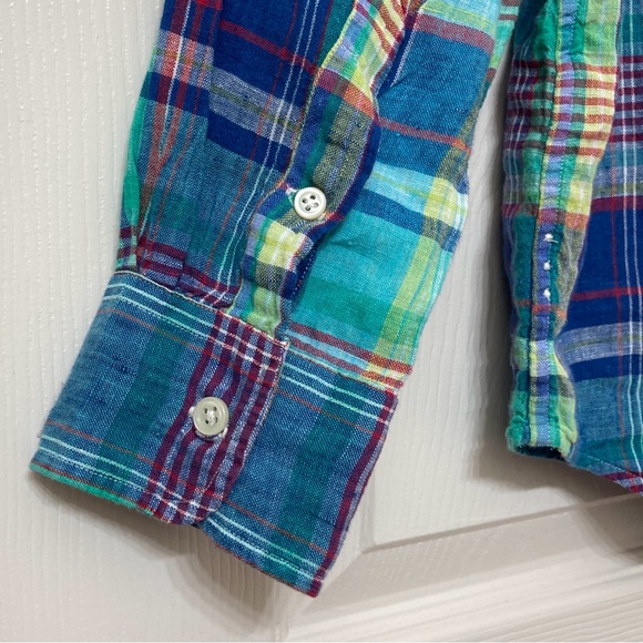 Ralph Lauren Blue Madras Plaid Linen Button Down Shirt LRG Resort Summer Preppy - Picture 6 of 9
